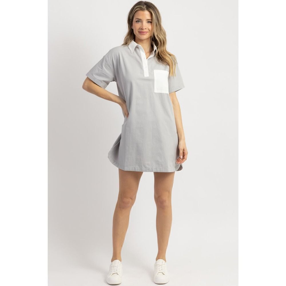 NWT Crescent Gray Contrasting Pocket Front Shirt Mini Dress Size Small